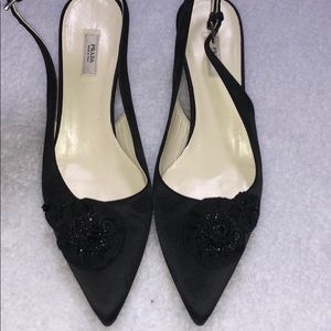 PRADA black satin embellished beaded heel pump